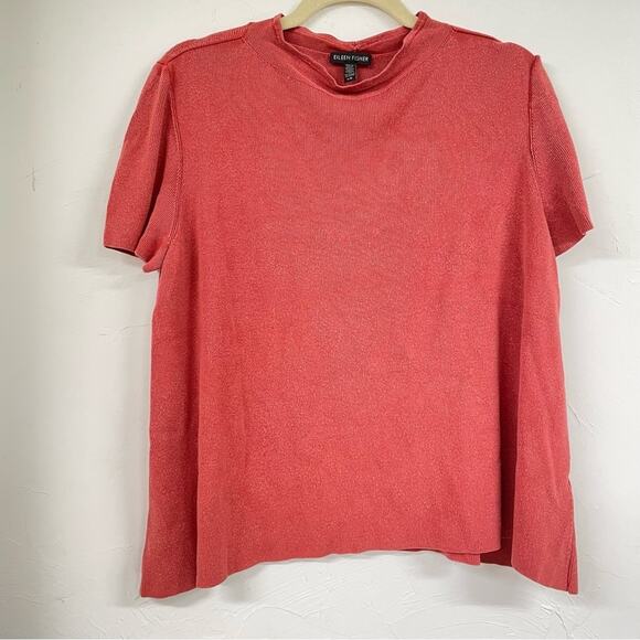 Eileen Fisher Red Knit Short Sleeve Sweater Womens L - Picture 1 of 8